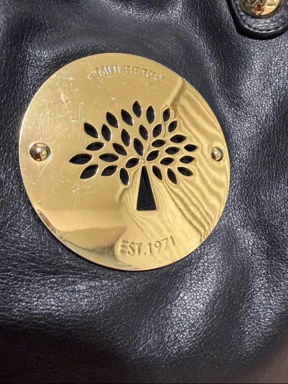 Mulberry Black Leather Tote with Gold Tree Medallion